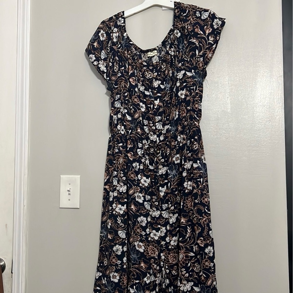 Floral Navy, brown, and White Dress